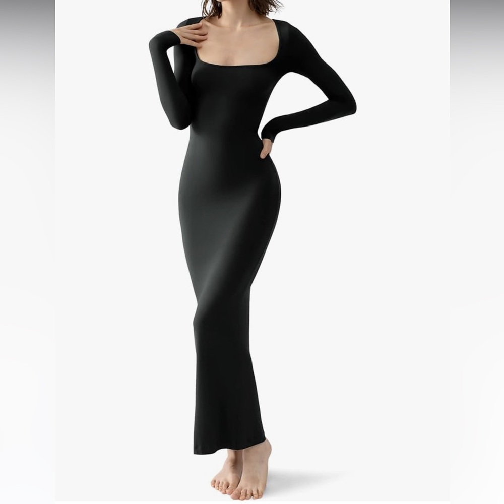 PUMIEY Women's Square Neck Long Sleeve Maxi Ribbed Bodycon Soft Lounge Dress